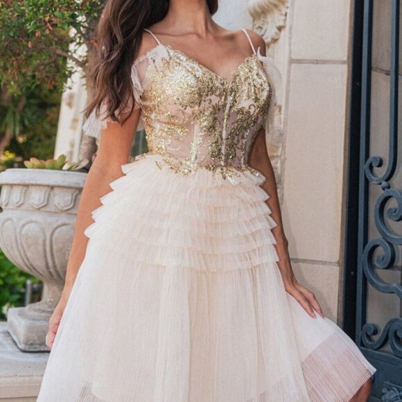 GLS Collective Dresses & Skirts - NEW FORMAL MINI SLEEVELESS A-LINE RUFFLED DRESS EMBROIDERED W/ SEQUINS GL GS3511
